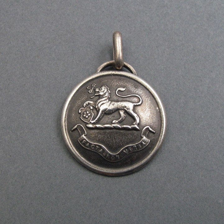 Antique Heraldic Shield Pendant, Actions not Words Crest with Lion, Sterling Silver Talisman Protection