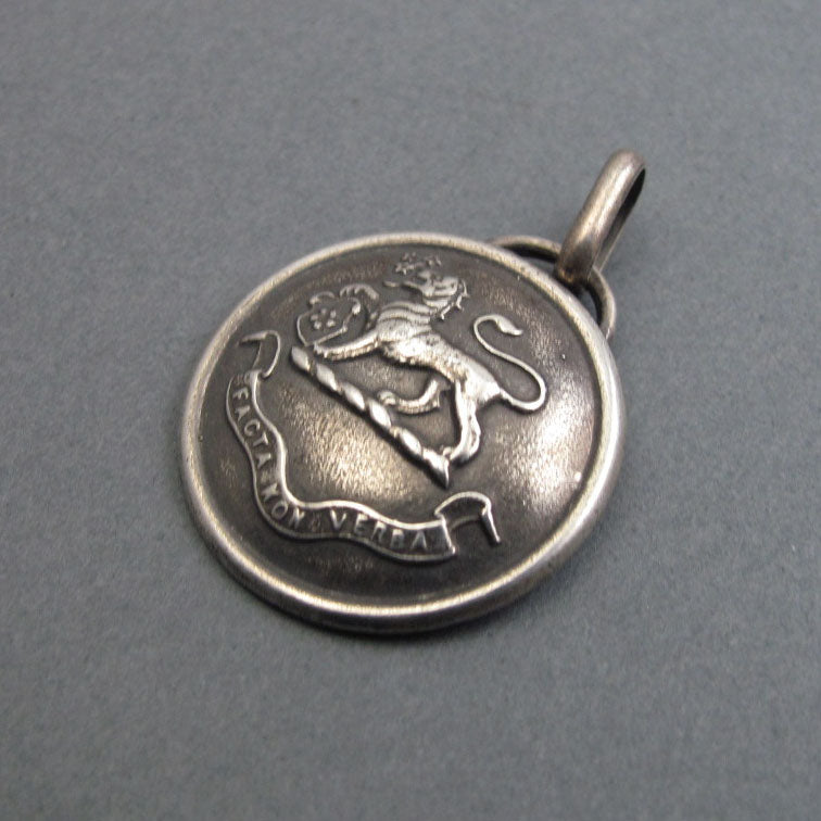 Antique Heraldic Shield Pendant, Actions not Words Crest with Lion, Sterling Silver Talisman Protection
