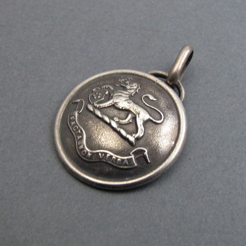 Antique Heraldic Shield Pendant, Actions not Words Crest with Lion, Sterling Silver Talisman Protection