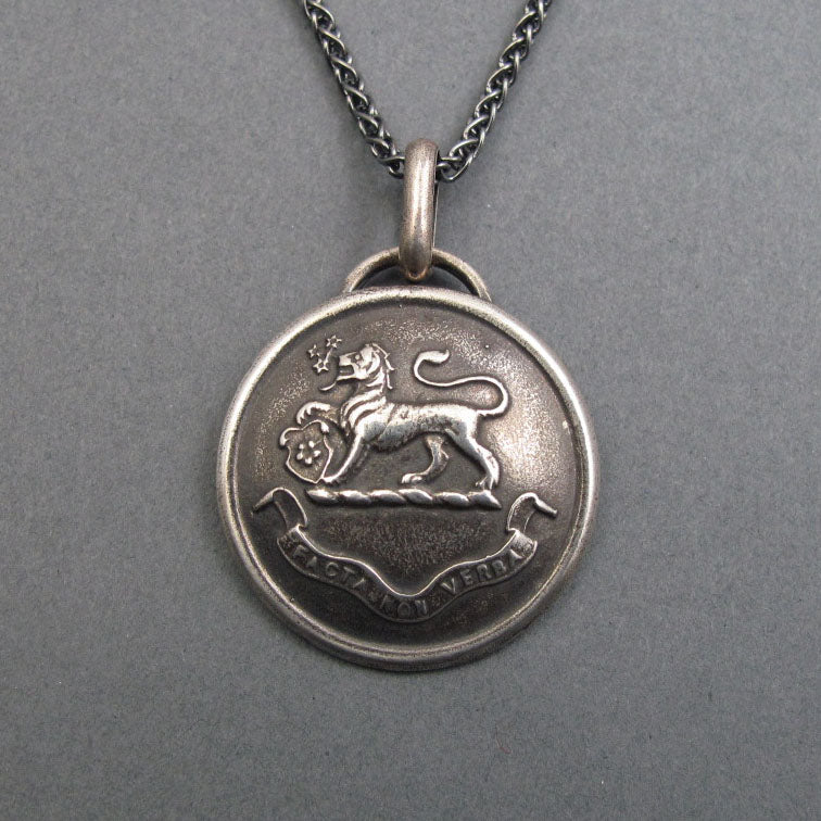 Antique Heraldic Shield Pendant, Actions not Words Crest with Lion, Sterling Silver Talisman Protection