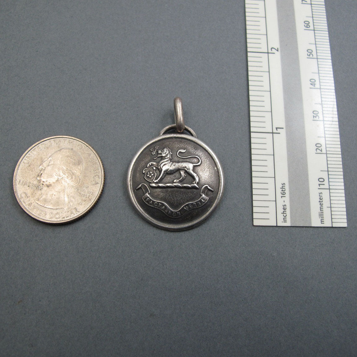 Antique Heraldic Shield Pendant, Actions not Words Crest with Lion, Sterling Silver Talisman Protection