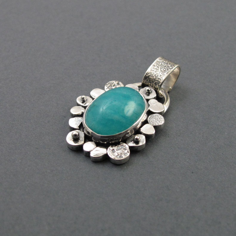 Amazonite Flower Pendant, Sterling Silver, Teal Blue Oval Cabochon, Handmade Art Jewelry Necklace