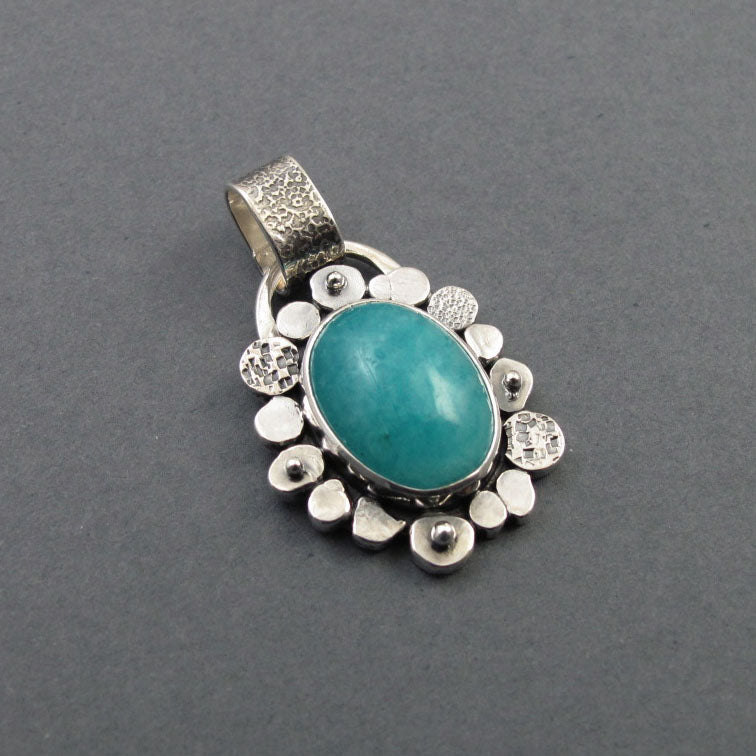 Amazonite Flower Pendant, Sterling Silver, Teal Blue Oval Cabochon, Handmade Art Jewelry Necklace