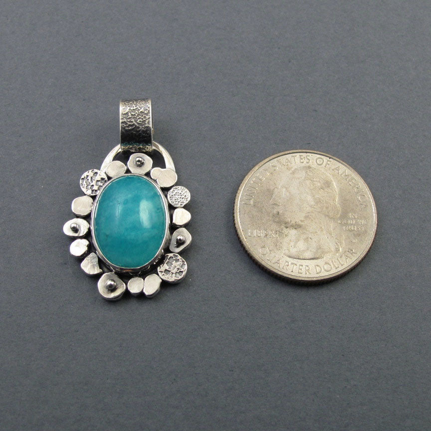 Amazonite Flower Pendant, Sterling Silver, Teal Blue Oval Cabochon, Handmade Art Jewelry Necklace