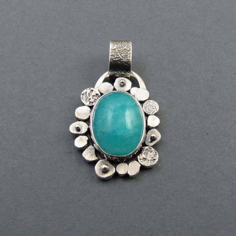 Amazonite Flower Pendant, Sterling Silver, Teal Blue Oval Cabochon, Handmade Art Jewelry Necklace