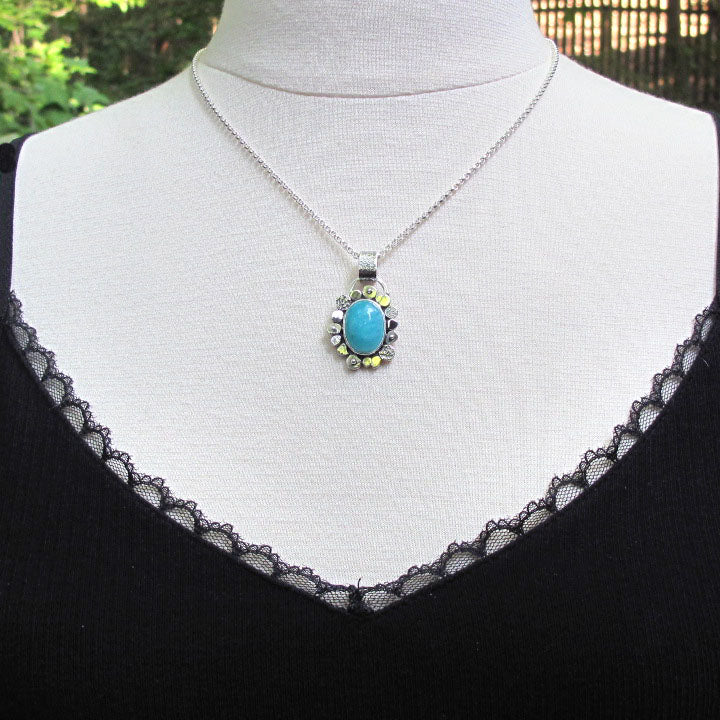 Amazonite Flower Pendant, Sterling Silver, Teal Blue Oval Cabochon, Handmade Art Jewelry Necklace