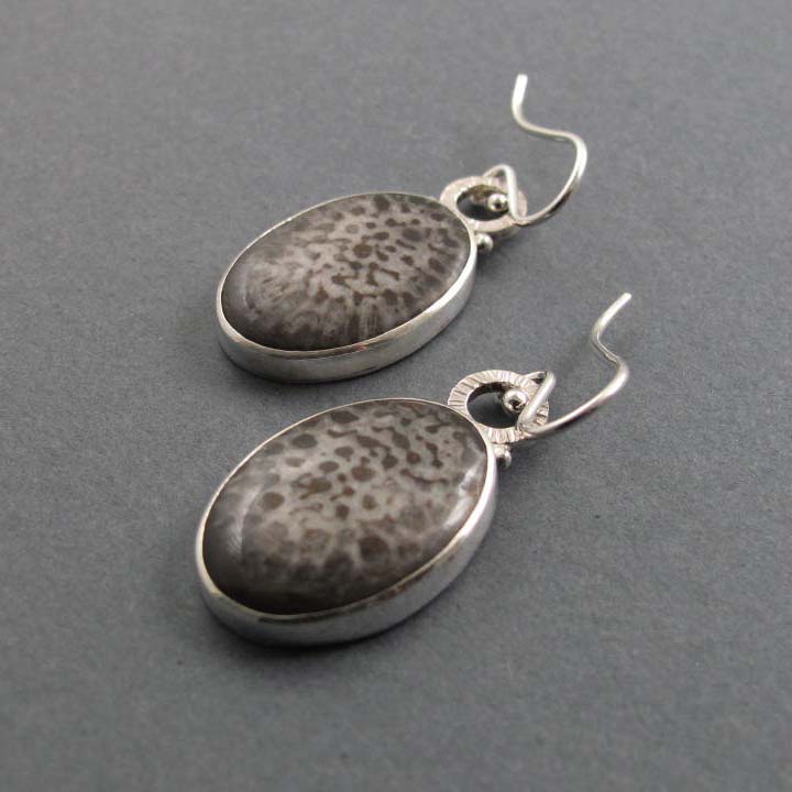 Fossil Coral Dangle Earrings, Sterling Silver, Cream Brown Oval Cabochon, Natural Gemstone, Handmade Jewelry