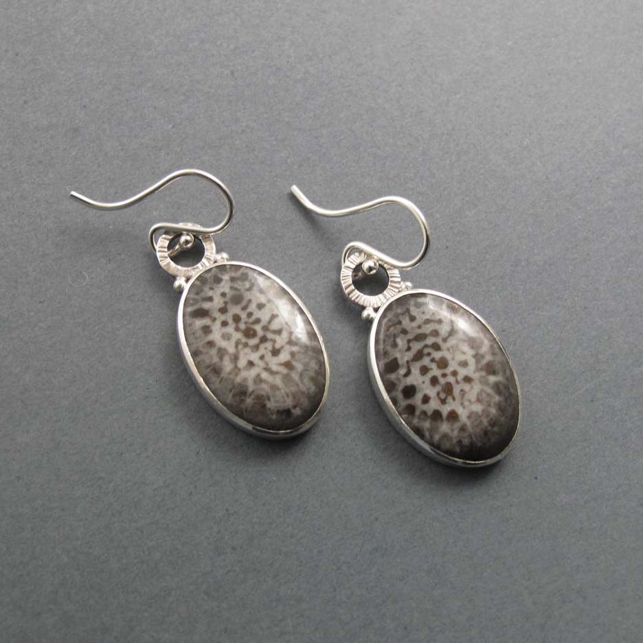 Fossil Coral Dangle Earrings, Sterling Silver, Cream Brown Oval Cabochon, Natural Gemstone, Handmade Jewelry