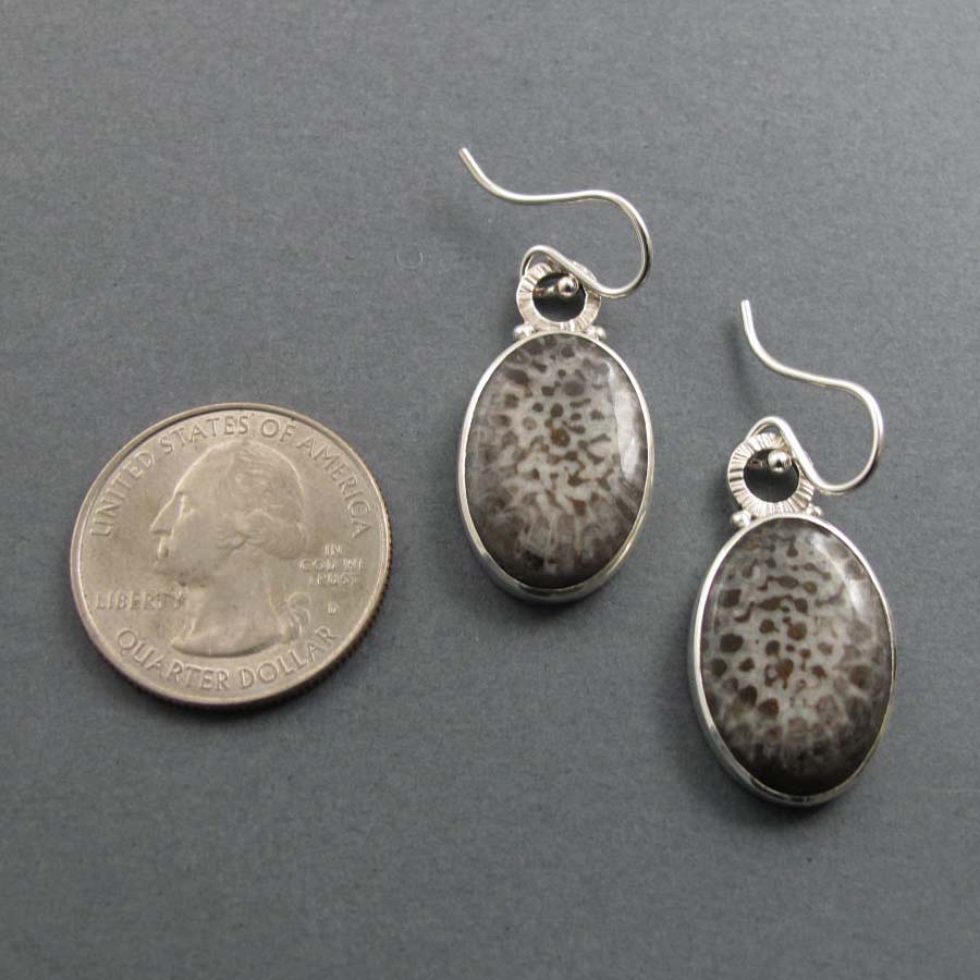 Fossil Coral Dangle Earrings, Sterling Silver, Cream Brown Oval Cabochon, Natural Gemstone, Handmade Jewelry