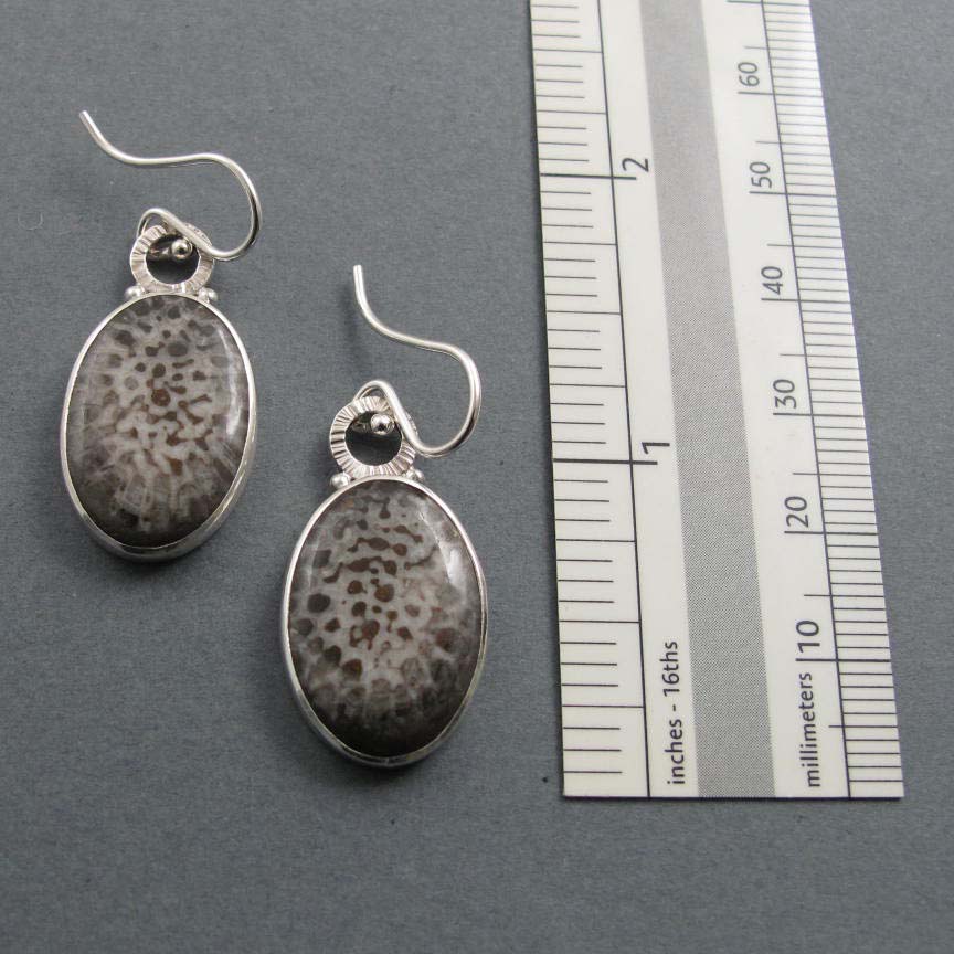 Fossil Coral Dangle Earrings, Sterling Silver, Cream Brown Oval Cabochon, Natural Gemstone, Handmade Jewelry