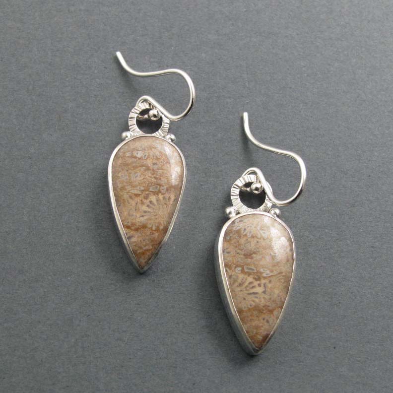 Fossil Coral Dangle Earrings, Sterling Silver, Brown Teardrop Cabochon, Natural Gem, Handmade Statement Jewelry