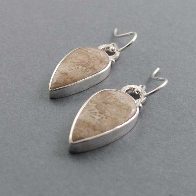 Fossil Coral Dangle Earrings, Sterling Silver, Brown Teardrop Cabochon, Natural Gem, Handmade Statement Jewelry