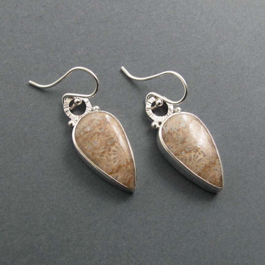 Fossil Coral Dangle Earrings, Sterling Silver, Brown Teardrop Cabochon, Natural Gem, Handmade Statement Jewelry