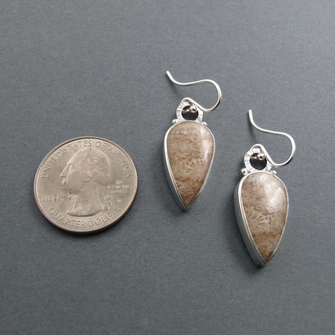 Fossil Coral Dangle Earrings, Sterling Silver, Brown Teardrop Cabochon, Natural Gem, Handmade Statement Jewelry