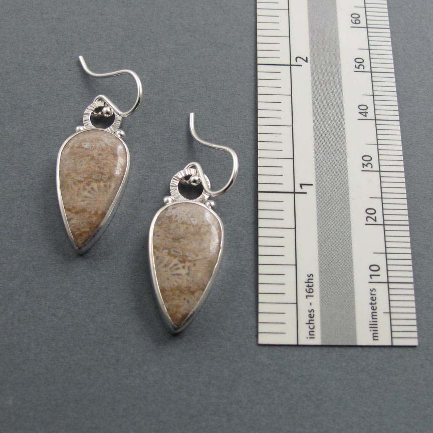 Fossil Coral Dangle Earrings, Sterling Silver, Brown Teardrop Cabochon, Natural Gem, Handmade Statement Jewelry