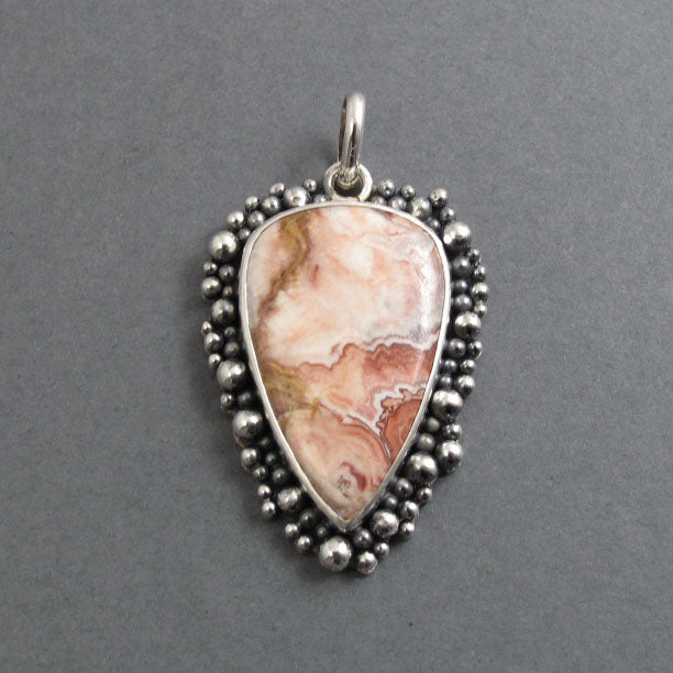 Crazy Lace Agate Pendant, Sterling Silver, Oxidized Granulation, Statement Necklace, One of a Kind, Gem-lover