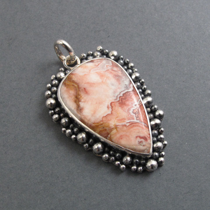 Crazy Lace Agate Pendant, Sterling Silver, Oxidized Granulation, Statement Necklace, One of a Kind, Gem-lover