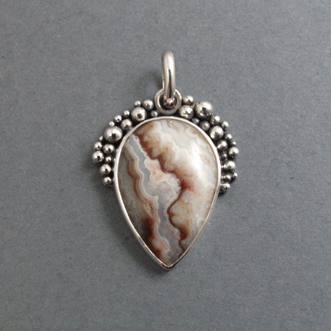 Crazy Lace Agate Pendant, Sterling Silver, Oxidized Granulation, Neutral, Teardrop Necklace, One of a Kind