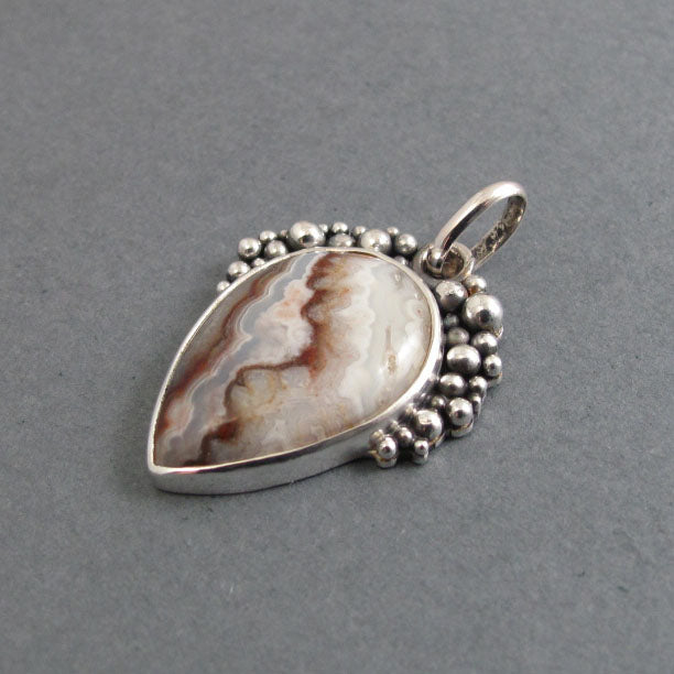 Crazy Lace Agate Pendant, Sterling Silver, Oxidized Granulation, Neutral, Teardrop Necklace, One of a Kind
