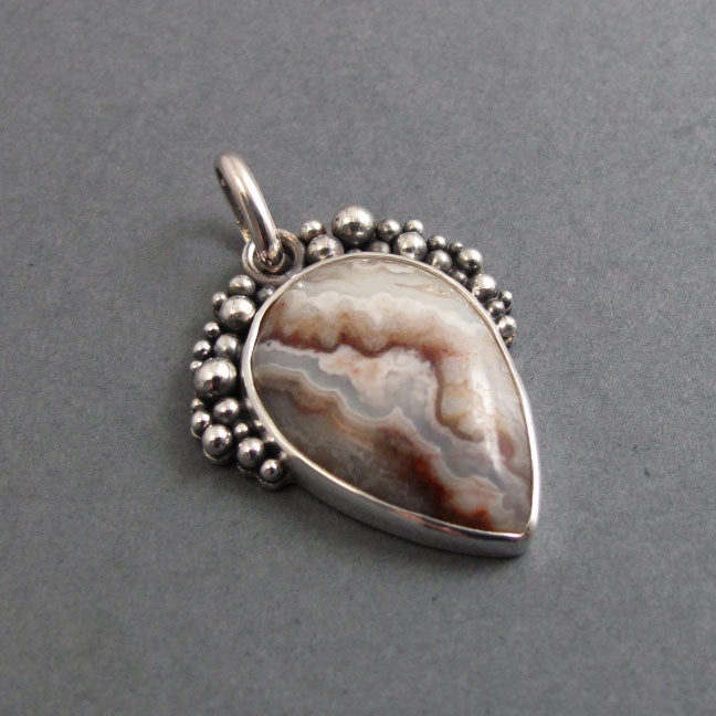 Crazy Lace Agate Pendant, Sterling Silver, Oxidized Granulation, Neutral, Teardrop Necklace, One of a Kind