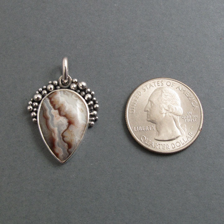 Crazy Lace Agate Pendant, Sterling Silver, Oxidized Granulation, Neutral, Teardrop Necklace, One of a Kind