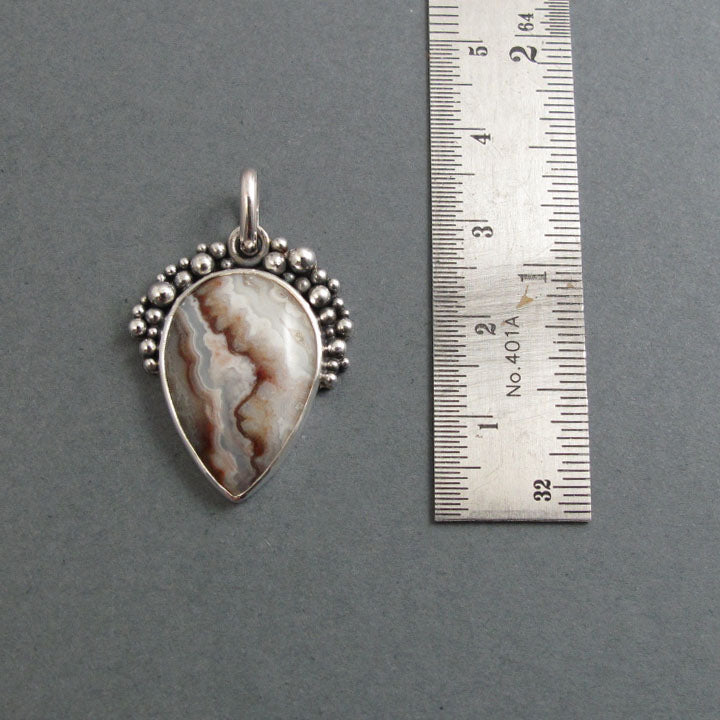Crazy Lace Agate Pendant, Sterling Silver, Oxidized Granulation, Neutral, Teardrop Necklace, One of a Kind