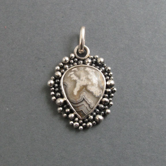 Crazy Lace Agate Pendant, Sterling Silver, Oxidized Granulation, Cream Teardrop Necklace, One of a Kind