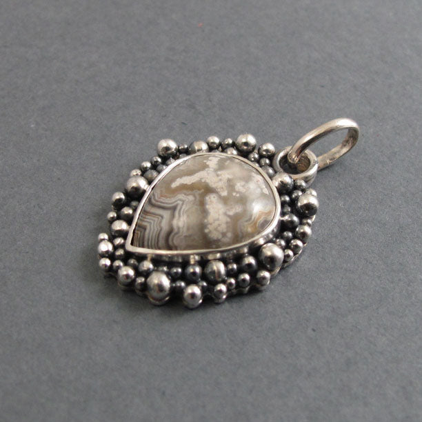 Crazy Lace Agate Pendant, Sterling Silver, Oxidized Granulation, Cream Teardrop Necklace, One of a Kind