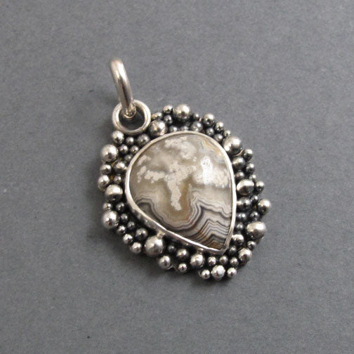 Crazy Lace Agate Pendant, Sterling Silver, Oxidized Granulation, Cream Teardrop Necklace, One of a Kind