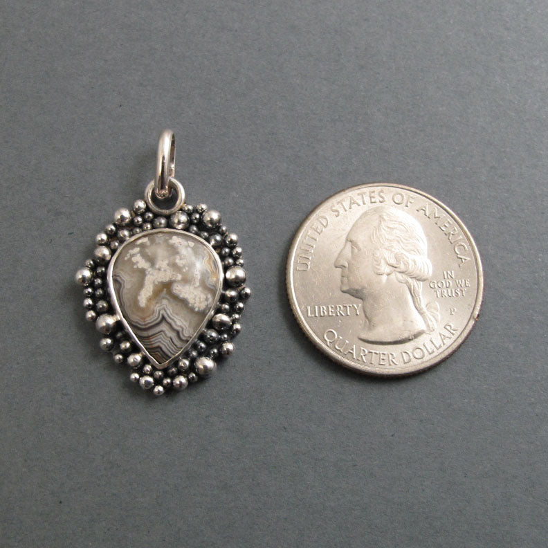 Crazy Lace Agate Pendant, Sterling Silver, Oxidized Granulation, Cream Teardrop Necklace, One of a Kind