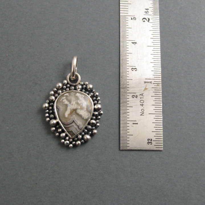 Crazy Lace Agate Pendant, Sterling Silver, Oxidized Granulation, Cream Teardrop Necklace, One of a Kind
