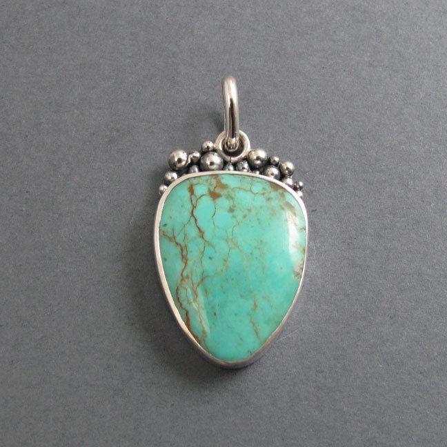 Kingman Turquoise Pendant, Sterling Silver, Oxidized Granulation, Blue Green, Arizona Gem, Artisan Necklace