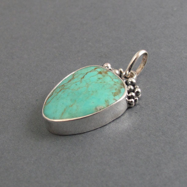 Kingman Turquoise Pendant, Sterling Silver, Oxidized Granulation, Blue Green, Arizona Gem, Artisan Necklace