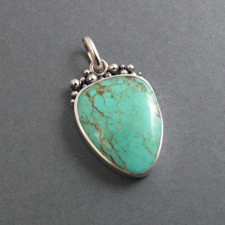 Kingman Turquoise Pendant, Sterling Silver, Oxidized Granulation, Blue Green, Arizona Gem, Artisan Necklace
