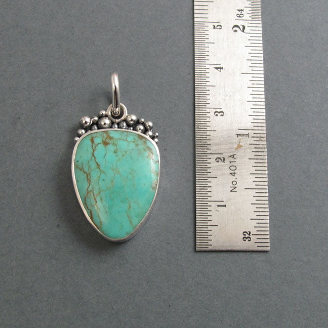 Kingman Turquoise Pendant, Sterling Silver, Oxidized Granulation, Blue Green, Arizona Gem, Artisan Necklace