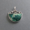 Chrysocolla Pendant, Sterling Silver, Half Moon, Oxidized Granulation, Teal Green Necklace, One of a Kind