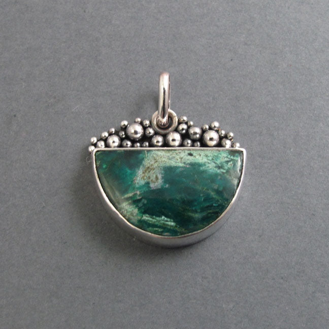 Chrysocolla Pendant, Sterling Silver, Half Moon, Oxidized Granulation, Teal Green Necklace, One of a Kind