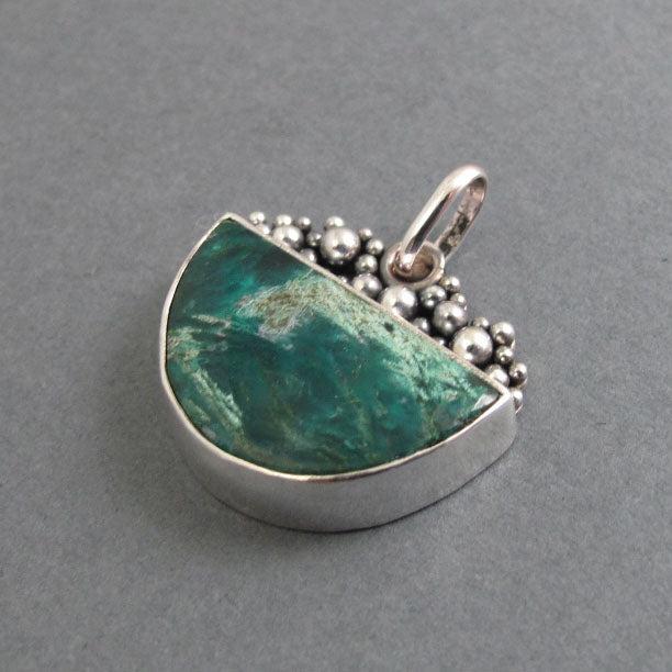 Chrysocolla Pendant, Sterling Silver, Half Moon, Oxidized Granulation, Teal Green Necklace, One of a Kind