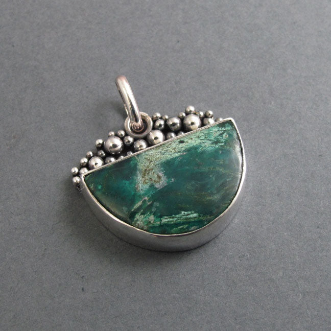 Chrysocolla Pendant, Sterling Silver, Half Moon, Oxidized Granulation, Teal Green Necklace, One of a Kind