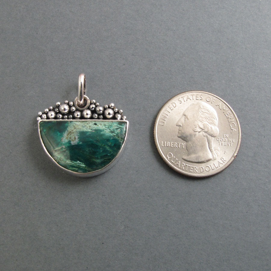 Chrysocolla Pendant, Sterling Silver, Half Moon, Oxidized Granulation, Teal Green Necklace, One of a Kind