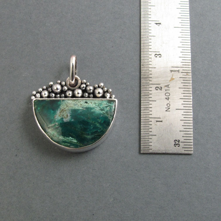 Chrysocolla Pendant, Sterling Silver, Half Moon, Oxidized Granulation, Teal Green Necklace, One of a Kind