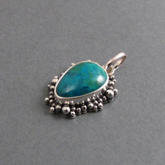 Chrysocolla Pendant, Sterling Silver, Oxidized Granulation, Teal Blue Teardrop, Dramatic Statement Necklace