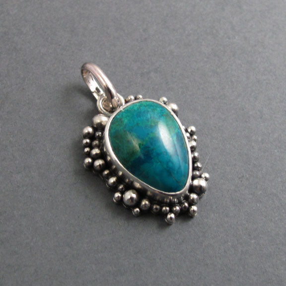 Chrysocolla Pendant, Sterling Silver, Oxidized Granulation, Teal Blue Teardrop, Dramatic Statement Necklace