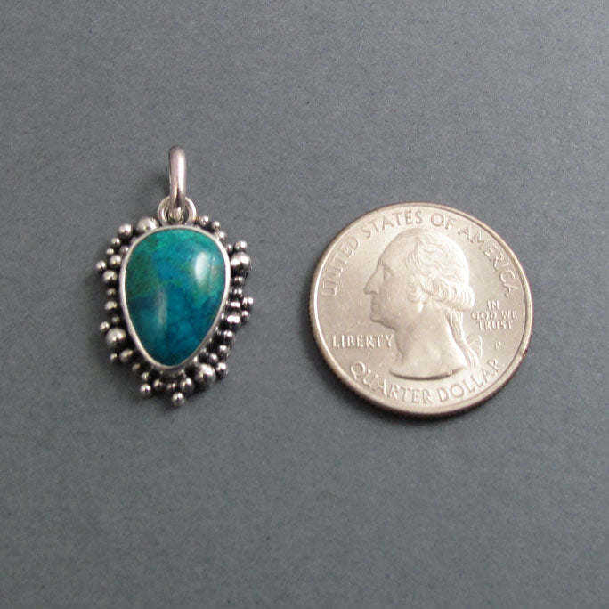 Chrysocolla Pendant, Sterling Silver, Oxidized Granulation, Teal Blue Teardrop, Dramatic Statement Necklace