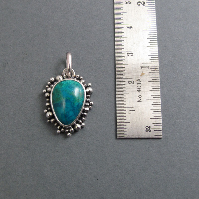 Chrysocolla Pendant, Sterling Silver, Oxidized Granulation, Teal Blue Teardrop, Dramatic Statement Necklace