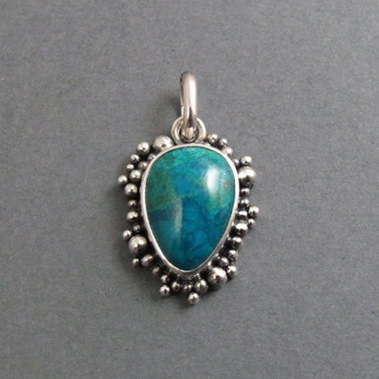 Chrysocolla Pendant, Sterling Silver, Oxidized Granulation, Teal Blue Teardrop, Dramatic Statement Necklace
