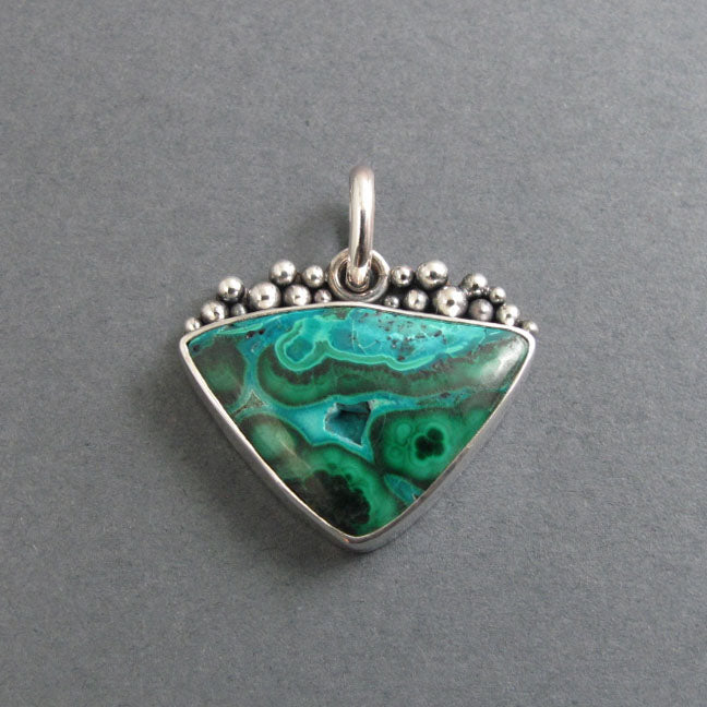 Chrysocolla Malachite Pendant, Sterling Silver, Oxidized Granulation, Teal Green Swirl Necklace, One of a Kind