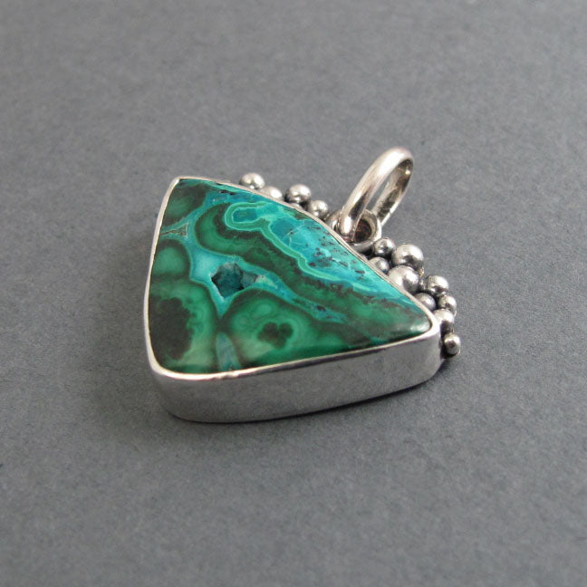 Chrysocolla Malachite Pendant, Sterling Silver, Oxidized Granulation, Teal Green Swirl Necklace, One of a Kind