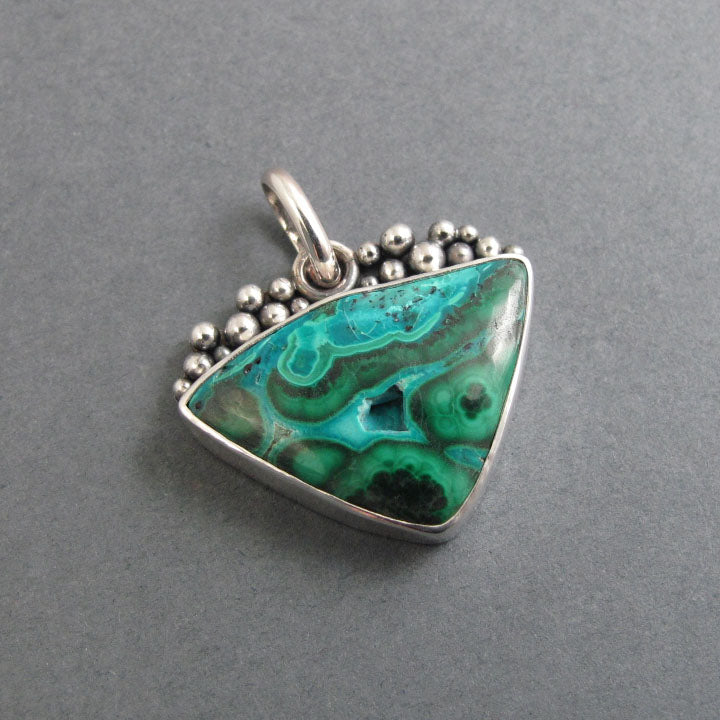 Chrysocolla Malachite Pendant, Sterling Silver, Oxidized Granulation, Teal Green Swirl Necklace, One of a Kind