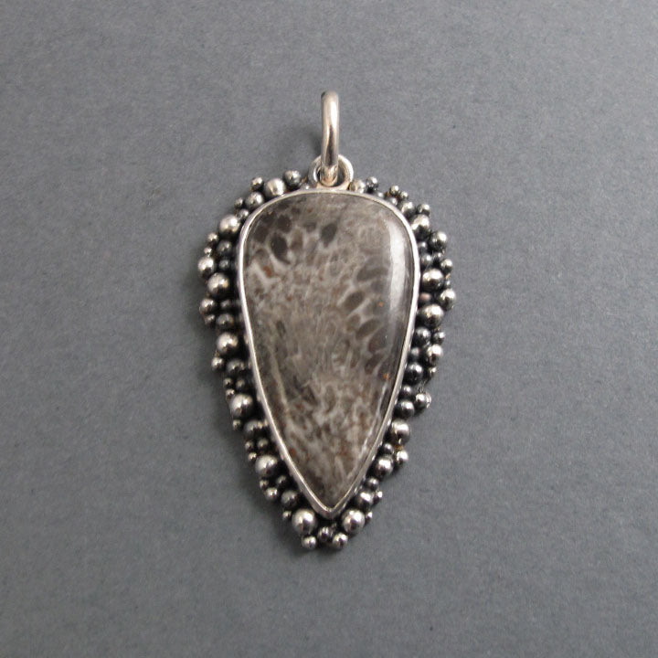 Fossil Coral Pendant Sterling Silver, Oxidized Granulation, Gray Tan, Pattern Necklace, One of a Kind